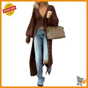 Long V-Neck Chunky Knit Cardigan Maxi Sweater Dress Button Down